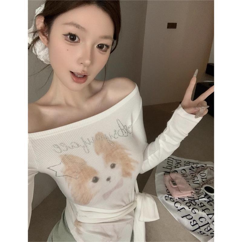 Women's Letter Rhinestone Shoulder Print Long Sleeve Slim-fit Lace Up