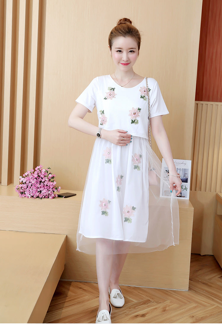 Summer Korean Fashion Mid-Length Short-Sleeved Fake Two-Piece Breastfeeding Plus Size Dress