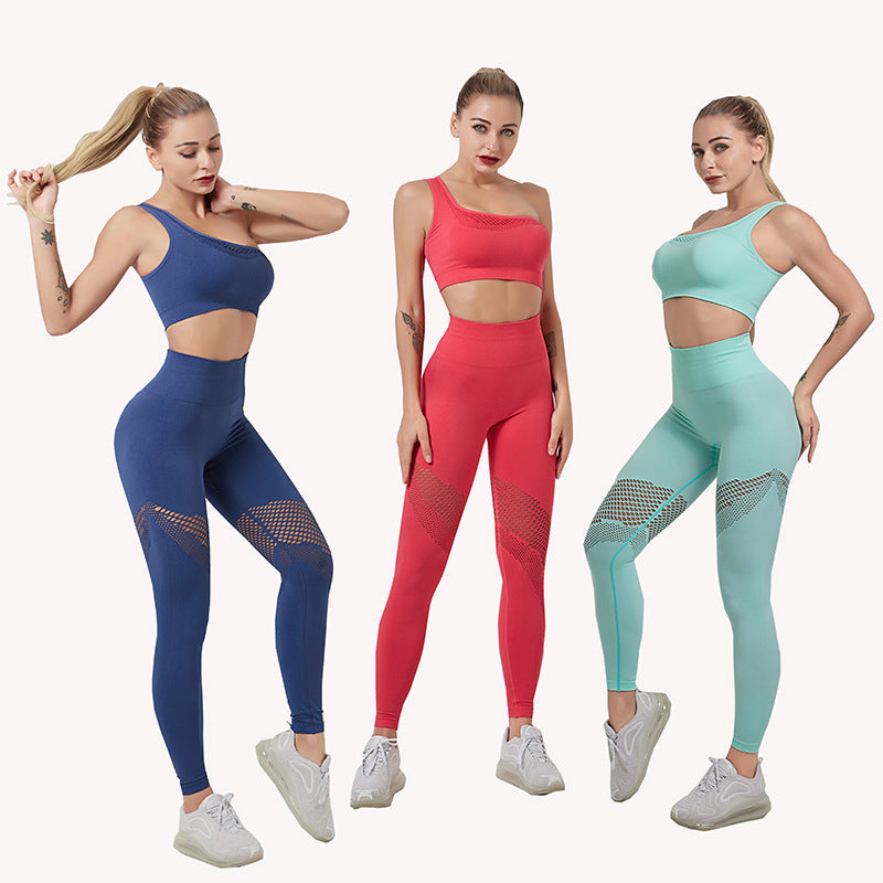 Gathered single shoulder sports bra bra mesh high waist hip yoga pants
