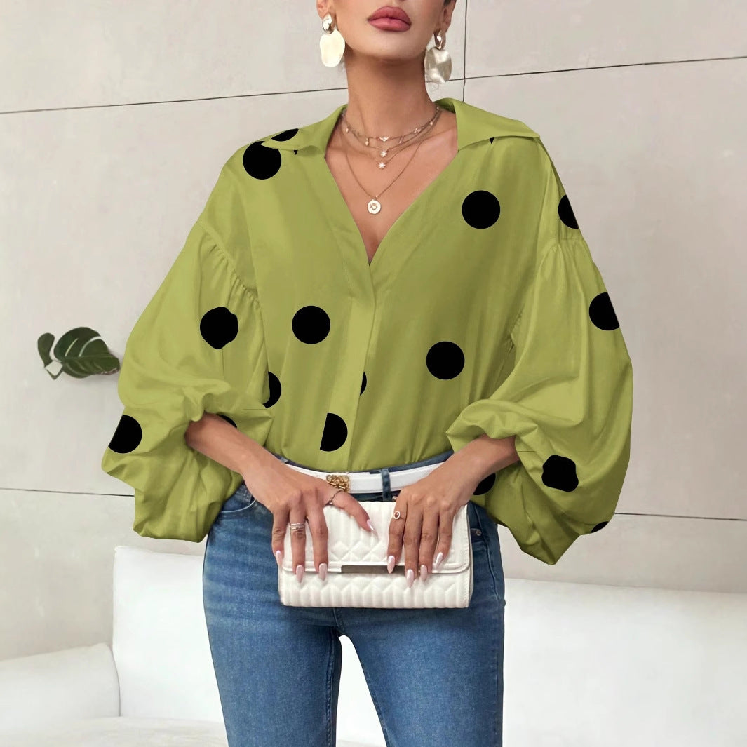 Niche Fashionable French Polka Dot Half-open Collar Design Loose Bubble Long Sleeve Top