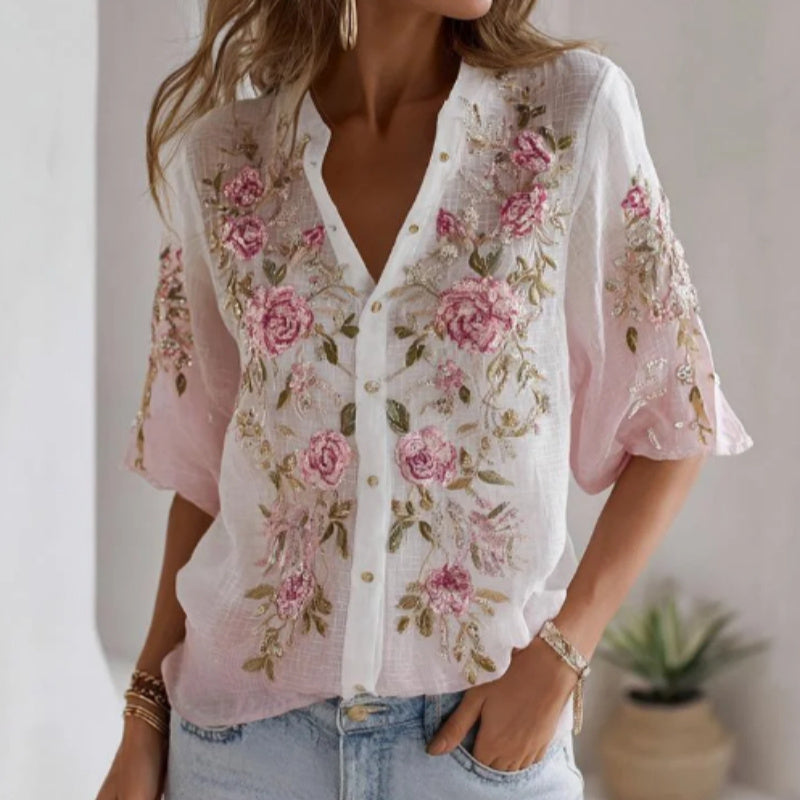 Women's Vintage Romantic Floral Print V-Neck Top