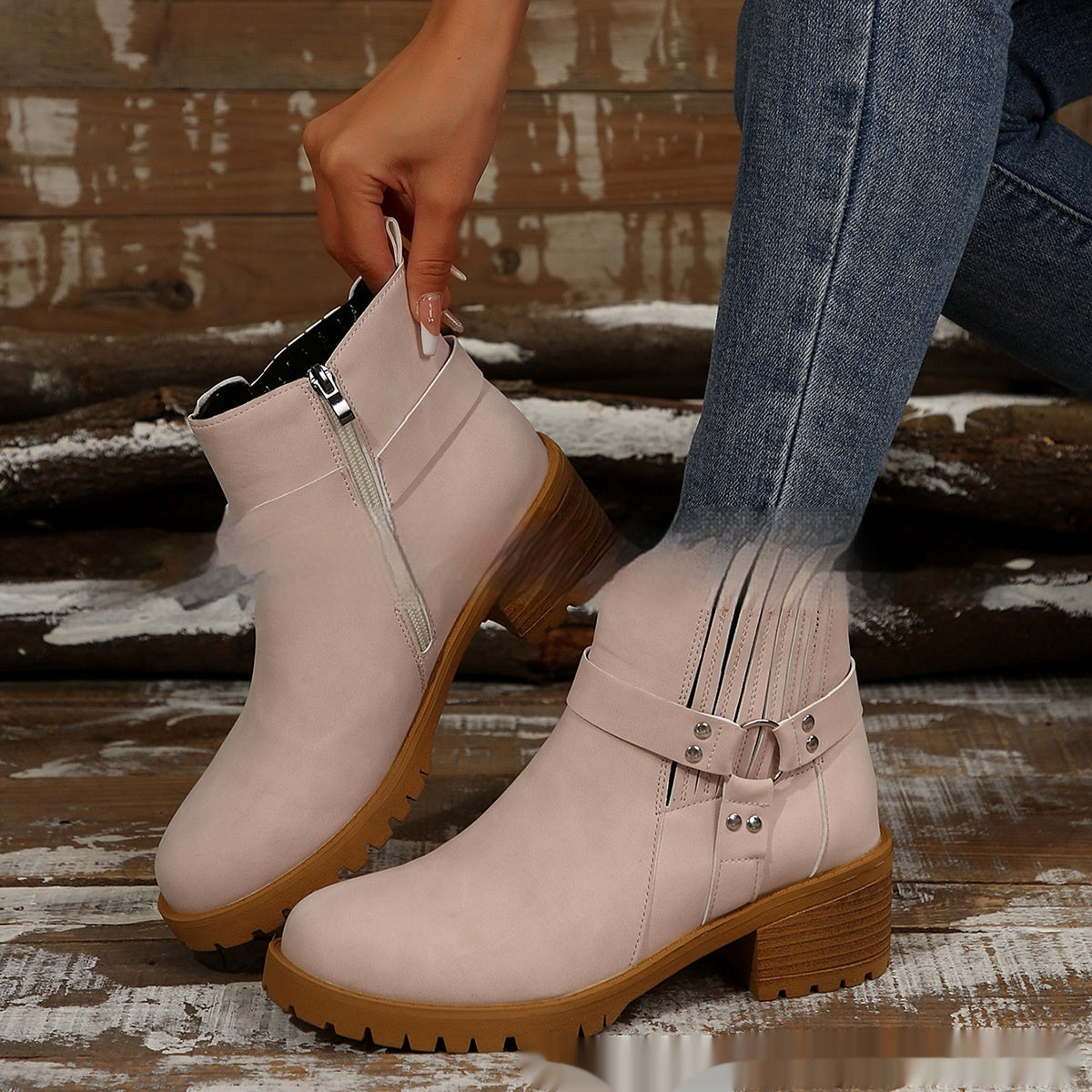 Belt Buckle Women's Ankle Boots Elastic Band