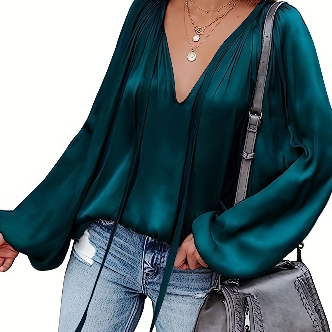 Women's Satin V-neck Long Sleeve Shirt Casual