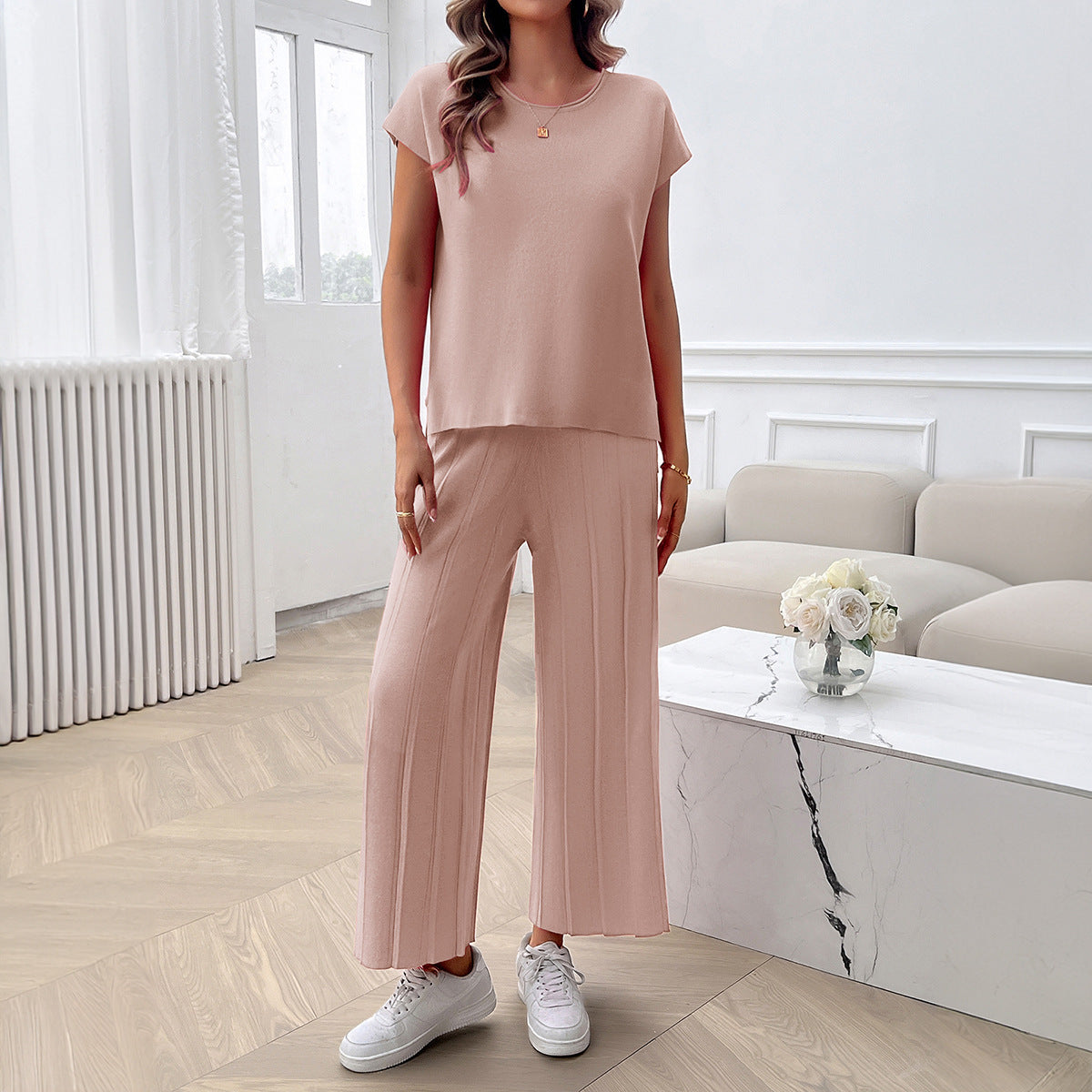Simple Casual Style Solid Color Top Wide Leg Sweater Suit