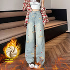 Cartoon Puppy Embroidered High Waist Straight Jeans