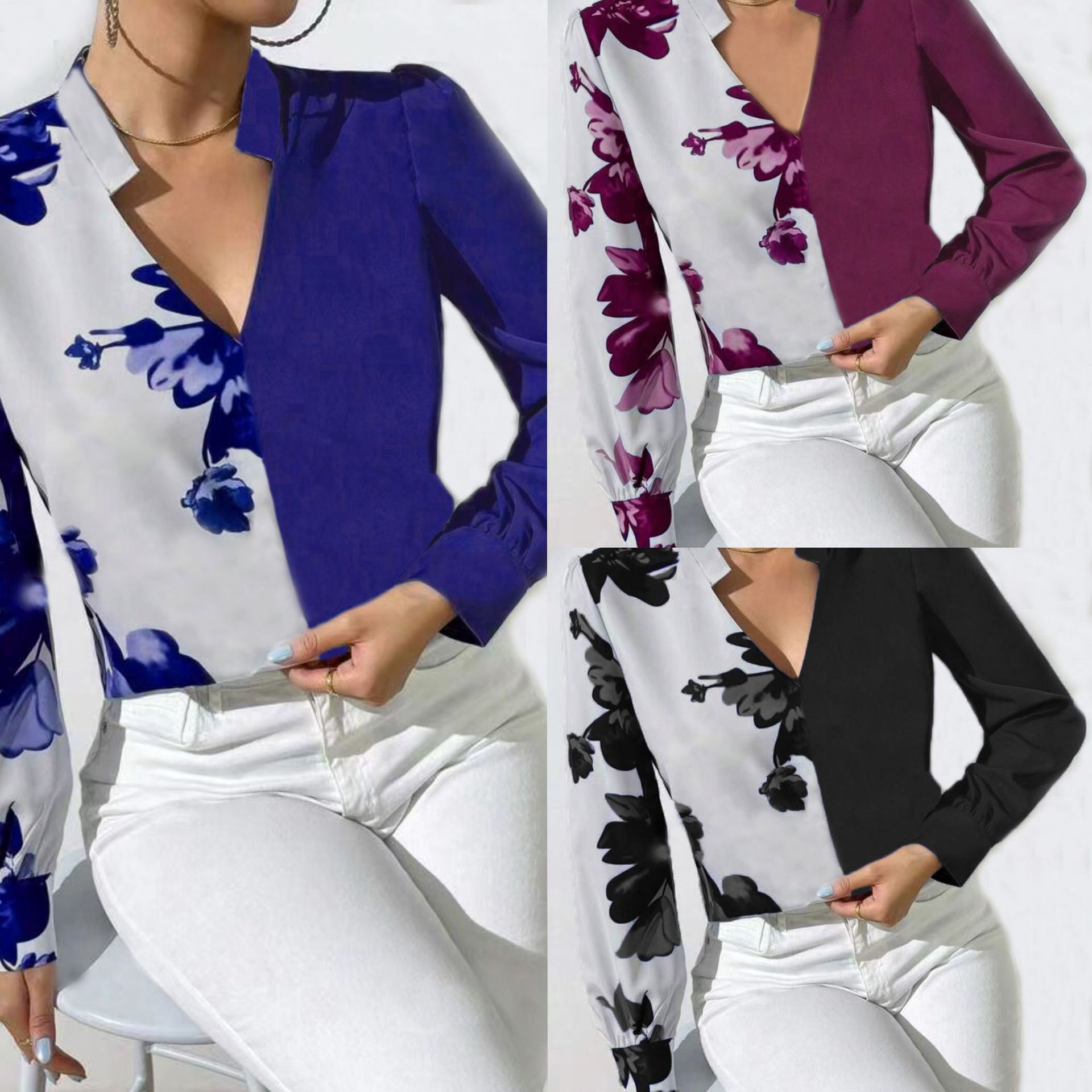 Printed Blouse V-neck Long Sleeve Women's Blouse
