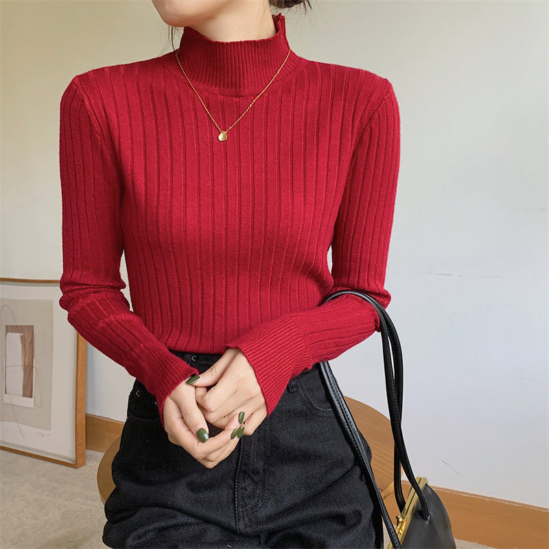 Half-high Collar Long Sleeves Knitted Bottoming Shirt Top For Women